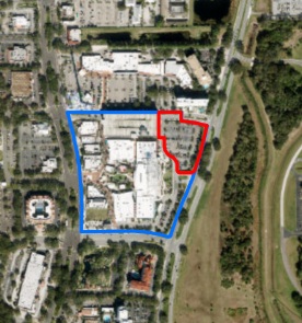 Este mapa muestra la ubicación de ICON Park a lo largo de Universal Boulevard delineada en azul y el área donde se ubicará el nuevo Museo de Arte, delineada en rojo. (Imagen cortesía de McIntosh Associates)