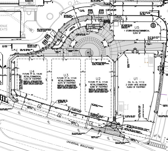 Una página de los planos del sitio para ICON Park a lo largo de Universal Boulevard muestra la ubicación de una tercera ubicación planificada en Estados Unidos para el Arte Museum, a la derecha. El museo, que se espera que abra a finales del próximo año, está rodeado de espacio comercial adicional planificado para el parque de 20 acres. (Imagen de McIntosh Associates)