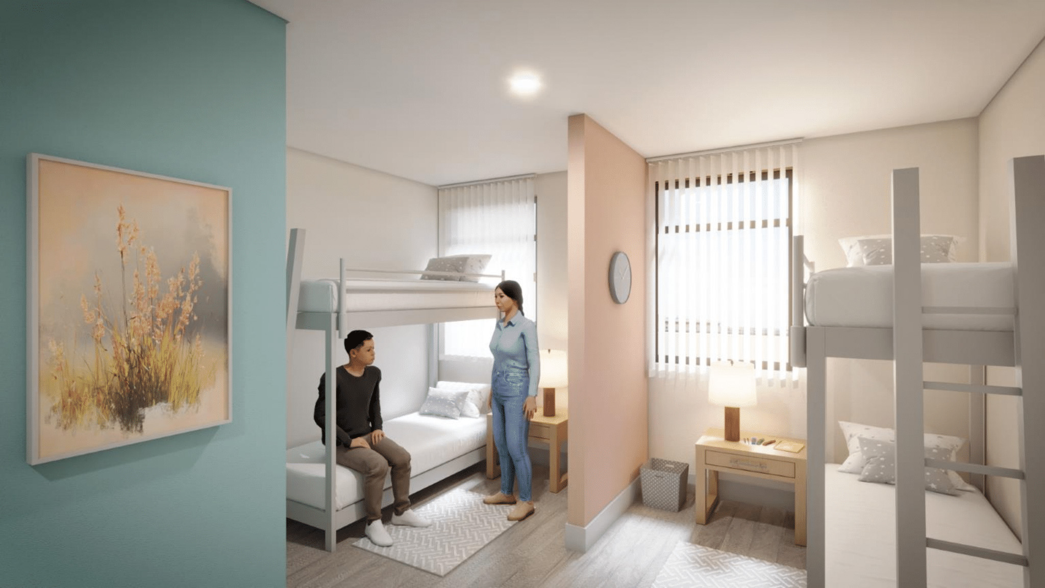 La Coalición para las Personas sin Hogar dio a conocer su último plan para modernizar su capacidad de refugio en el centro de Orlando, con un nuevo edificio de $65 millones que se asemeja a un apartamento de uso mixto en Parramore. El edificio de seis pisos agrega 112 nuevas camas de refugio en su edificio de Mujeres y Familias, así como 96 camas de alojamiento puente, casi duplicando su capacidad actual. En la foto: Cada unidad de refugio familiar está diseñada como una suite compacta y hogareña con literas. (La Coalición para las Personas sin Hogar)