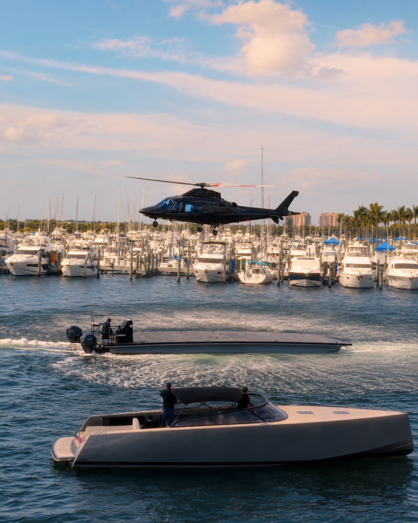 Helicóptero sobre una marina con yates como parte del transporte de lujo en Miami.